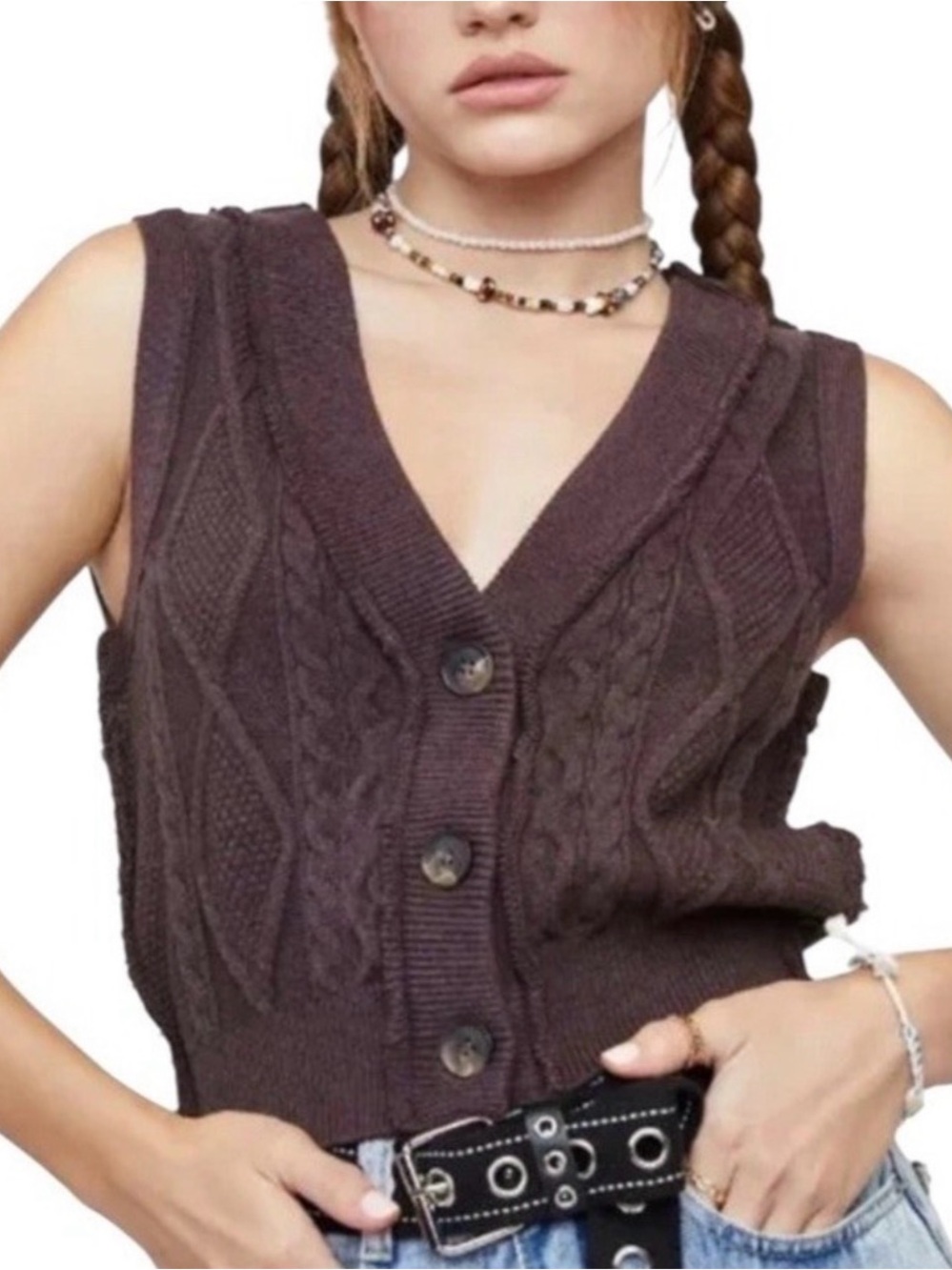 Free People Chunky Cable V-Neck Button Front Vest - Dark Brown
